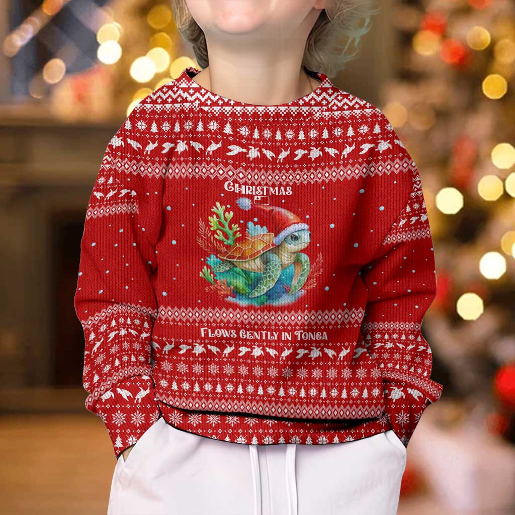 Tonga Christmas Kid Ugly Christmas Sweater with Sea Turtle Coral Reef Design Snowflake Pattern and National Emblem TS04 - Polynesian Pride