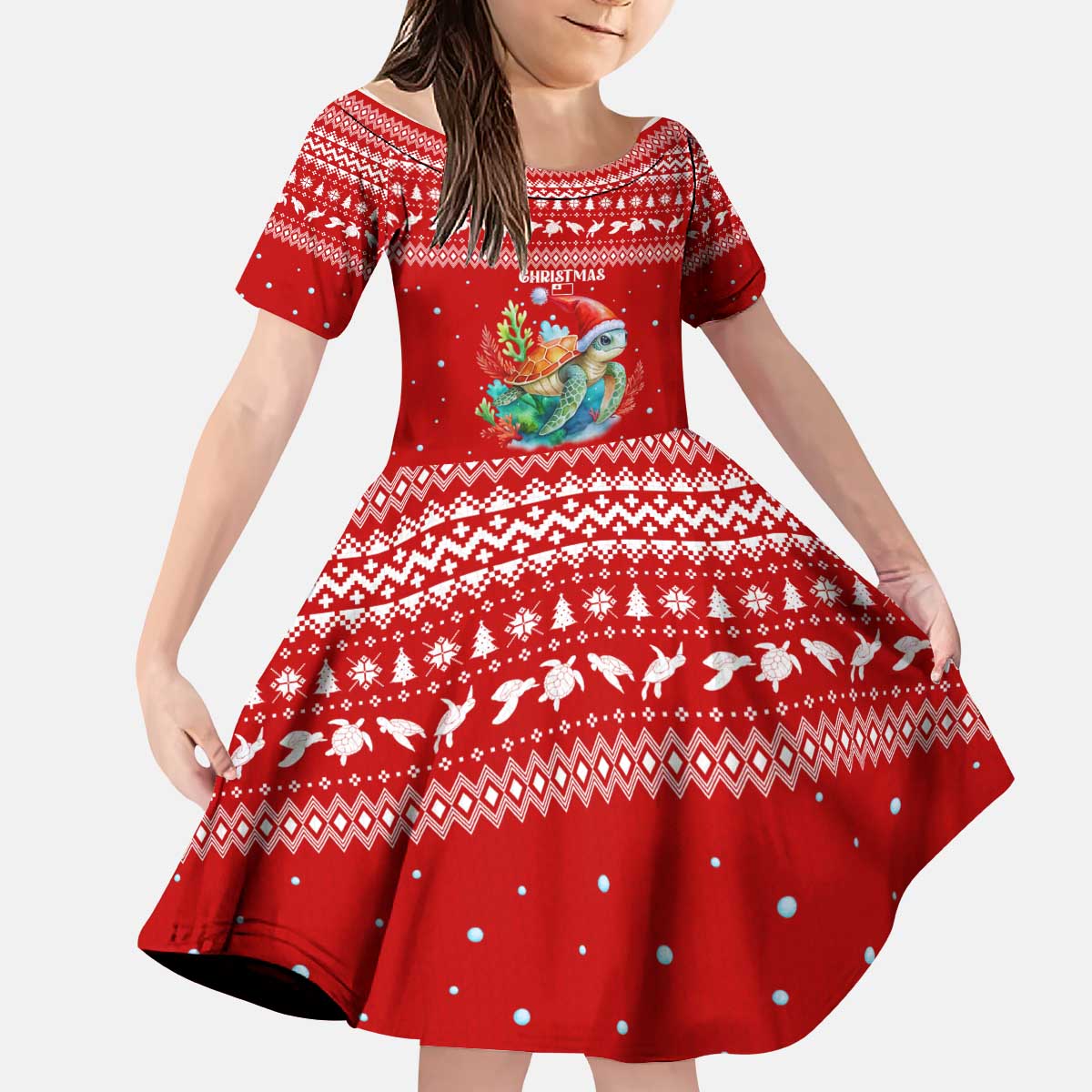 Tonga Christmas Kid Short Sleeve Dress with Sea Turtle Coral Reef Design Snowflake Pattern and National Emblem - Polynesian Pride