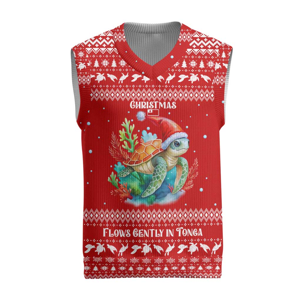 Tonga Christmas Knitted V-Neck Vest with Sea Turtle Coral Reef Design Snowflake Pattern and National Emblem TS04 Red White - Polynesian Pride
