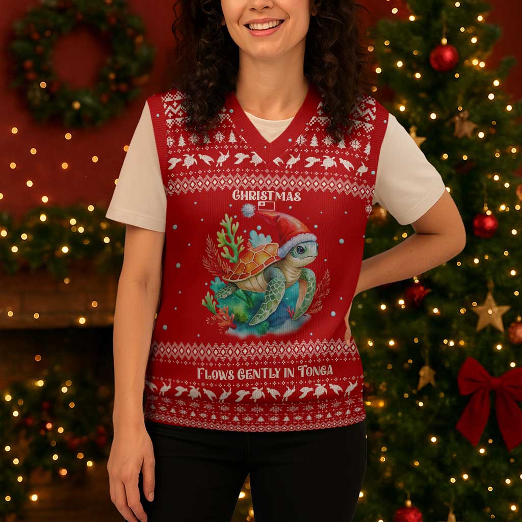 Tonga Christmas Knitted V-Neck Vest with Sea Turtle Coral Reef Design Snowflake Pattern and National Emblem TS04 - Polynesian Pride