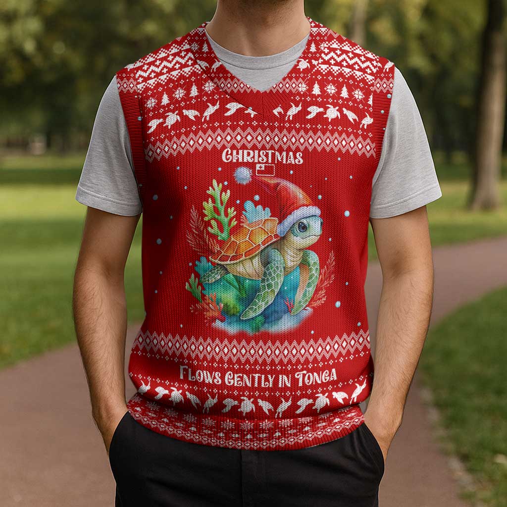 Tonga Christmas Knitted V-Neck Vest with Sea Turtle Coral Reef Design Snowflake Pattern and National Emblem TS04 - Polynesian Pride