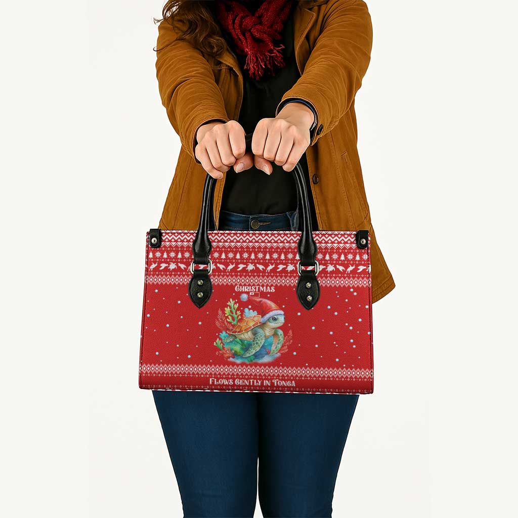 Tonga Christmas Leather Bag with Sea Turtle Coral Reef Design Snowflake Pattern and National Emblem - Polynesian Pride