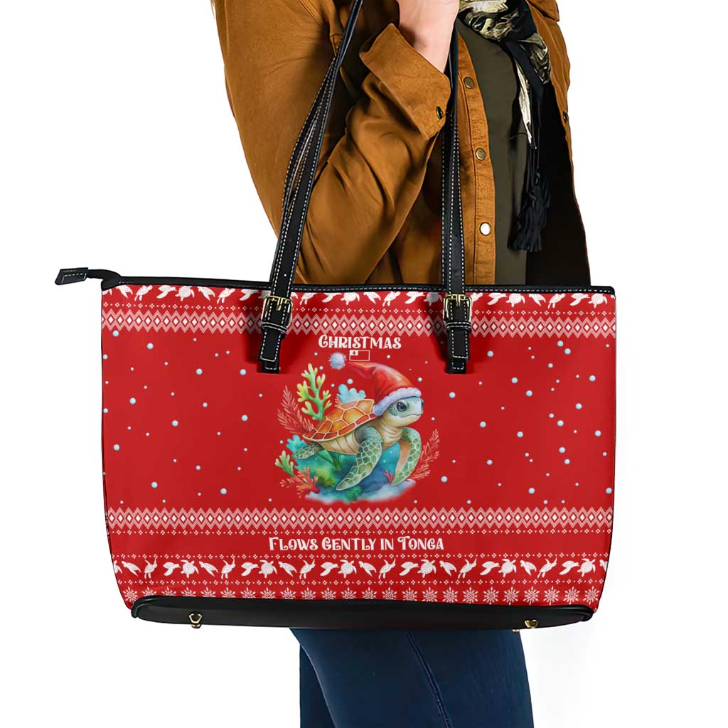 Tonga Christmas Leather Tote Bag with Sea Turtle Coral Reef Design Snowflake Pattern and National Emblem - Polynesian Pride