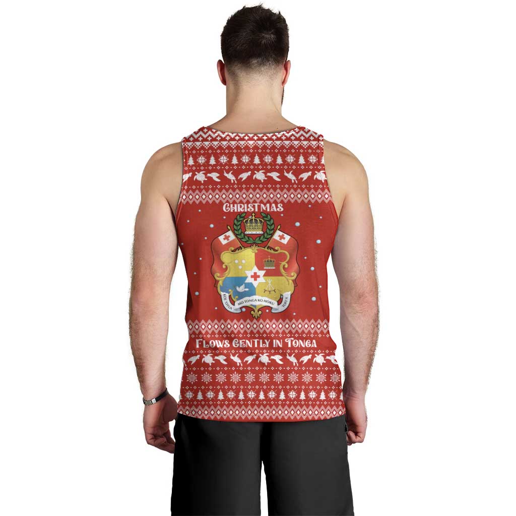 Tonga Christmas Men Tank Top with Sea Turtle Coral Reef Design Snowflake Pattern and National Emblem - Polynesian Pride
