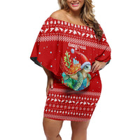 Tonga Christmas Off Shoulder Short Dress with Sea Turtle Coral Reef Design Snowflake Pattern and National Emblem - Polynesian Pride