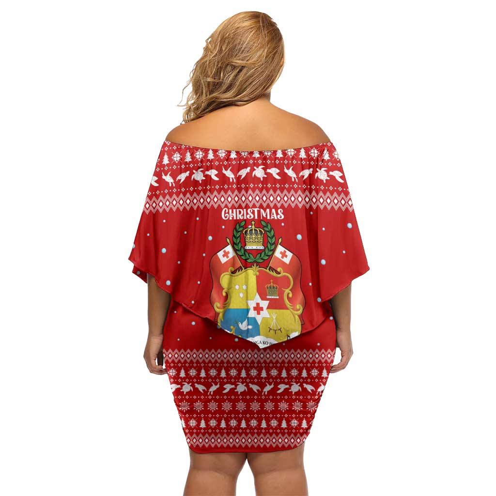 Tonga Christmas Off Shoulder Short Dress with Sea Turtle Coral Reef Design Snowflake Pattern and National Emblem - Polynesian Pride