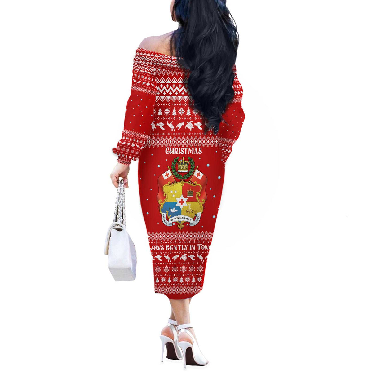 Tonga Christmas Off The Shoulder Long Sleeve Dress with Sea Turtle Coral Reef Design Snowflake Pattern and National Emblem - Polynesian Pride