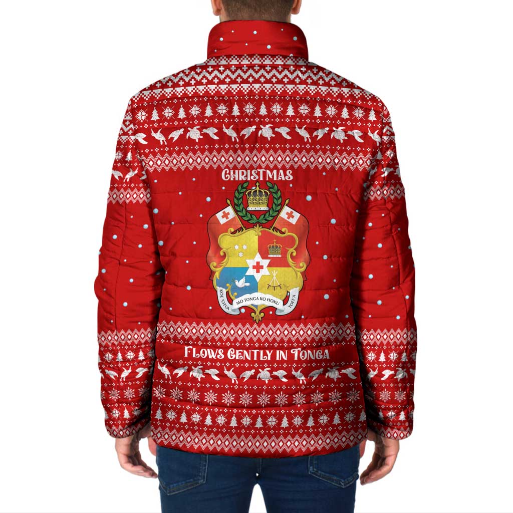 Tonga Christmas Padded Jacket with Sea Turtle Coral Reef Design Snowflake Pattern and National Emblem - Polynesian Pride