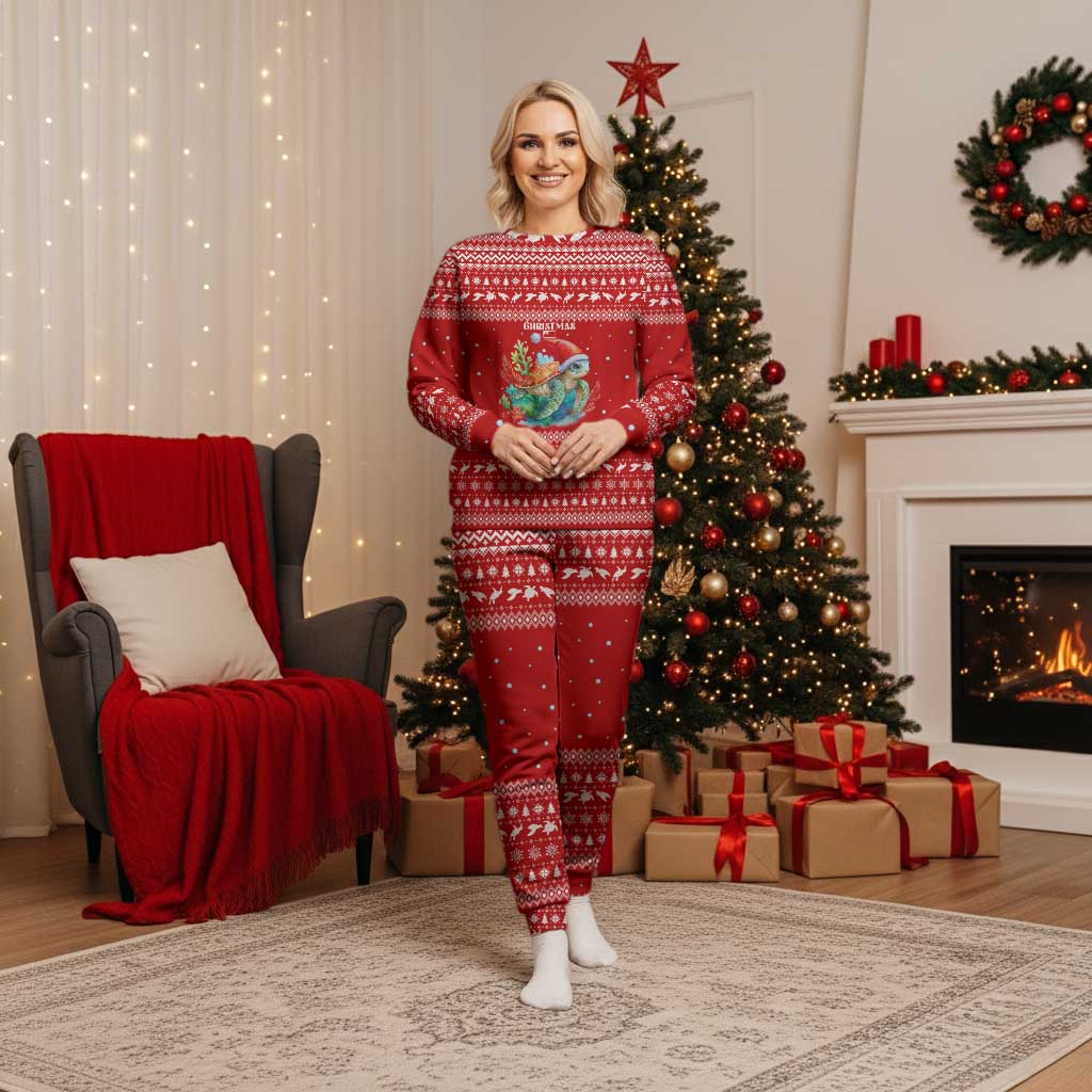 Tonga Christmas Pajama Set with Sea Turtle Coral Reef Design Snowflake Pattern and National Emblem TS04 Women Red White - Polynesian Pride