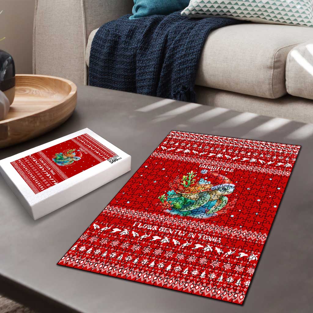 Tonga Christmas Puzzle with Sea Turtle Coral Reef Design Snowflake Pattern and National Emblem - Polynesian Pride