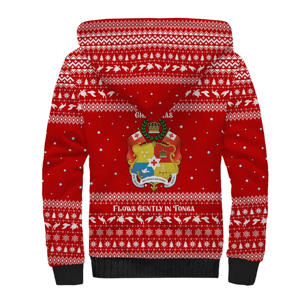 Tonga Christmas Sherpa Hoodie with Sea Turtle Coral Reef Design Snowflake Pattern and National Emblem - Polynesian Pride