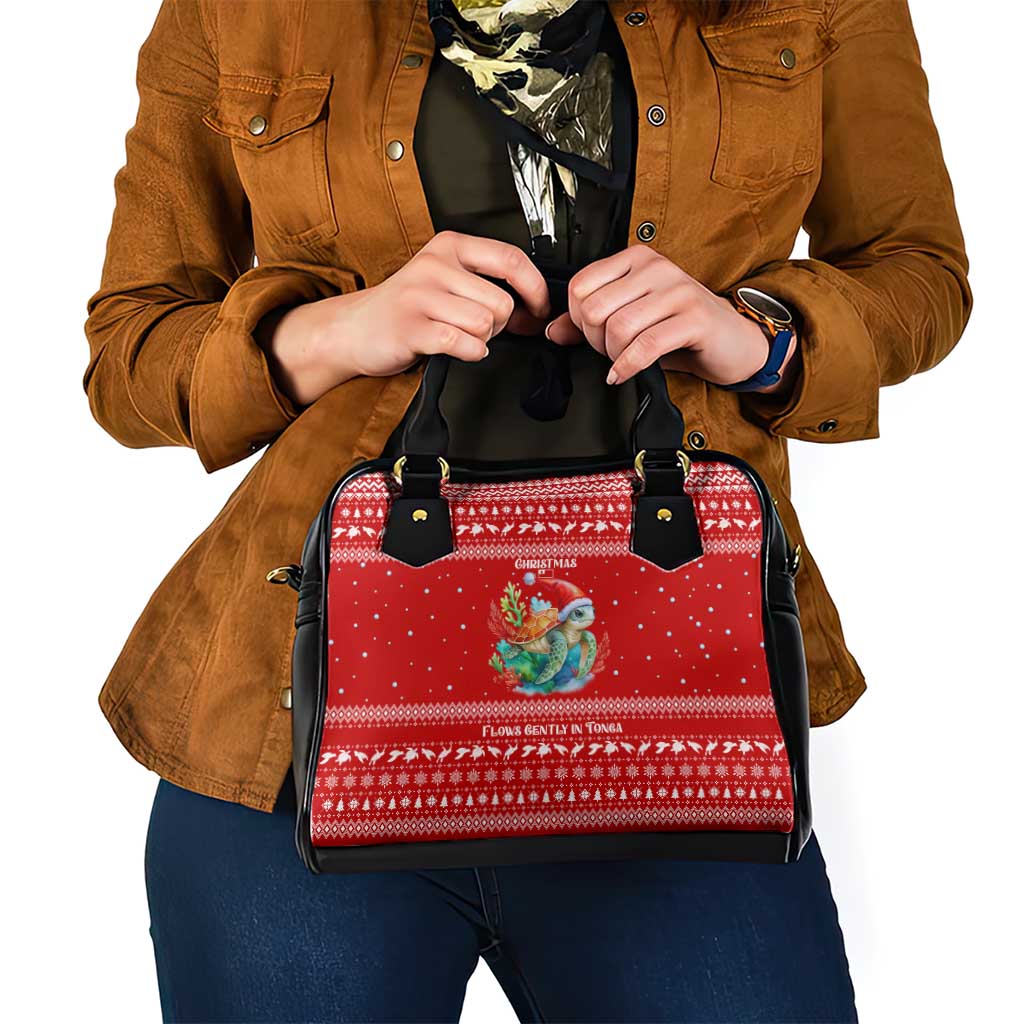 Tonga Christmas Shoulder Handbag with Sea Turtle Coral Reef Design Snowflake Pattern and National Emblem - Polynesian Pride