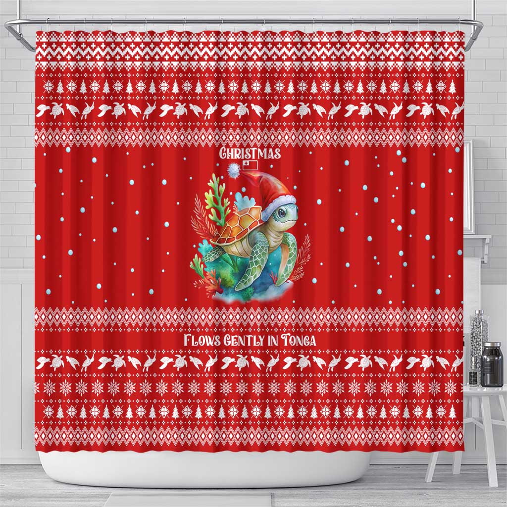 Tonga Christmas Shower Curtain with Sea Turtle Coral Reef Design Snowflake Pattern and National Emblem - Polynesian Pride