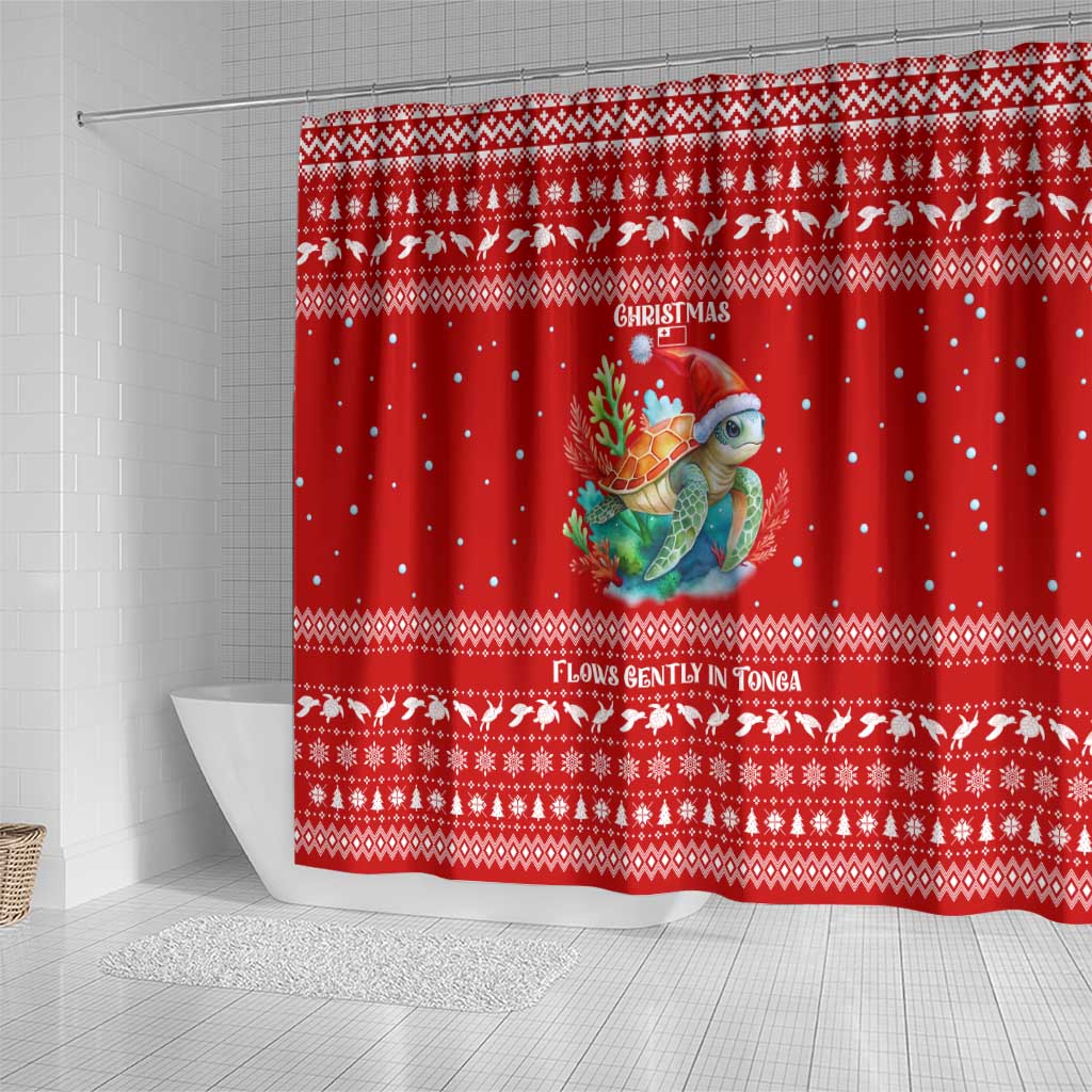 Tonga Christmas Shower Curtain with Sea Turtle Coral Reef Design Snowflake Pattern and National Emblem - Polynesian Pride