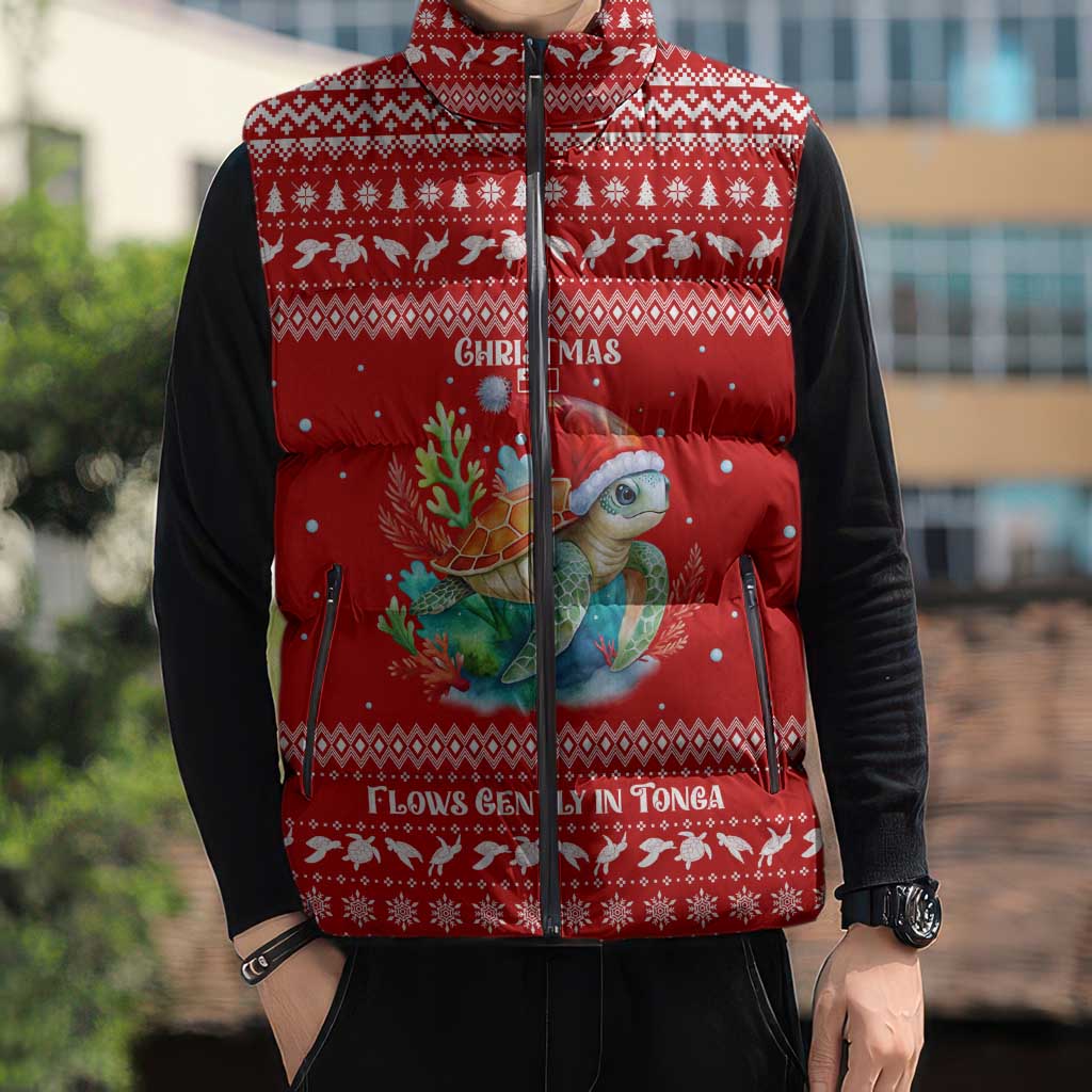 Tonga Christmas Sleeveless Puffer Jacket with Sea Turtle Coral Reef Design Snowflake Pattern and National Emblem - Polynesian Pride