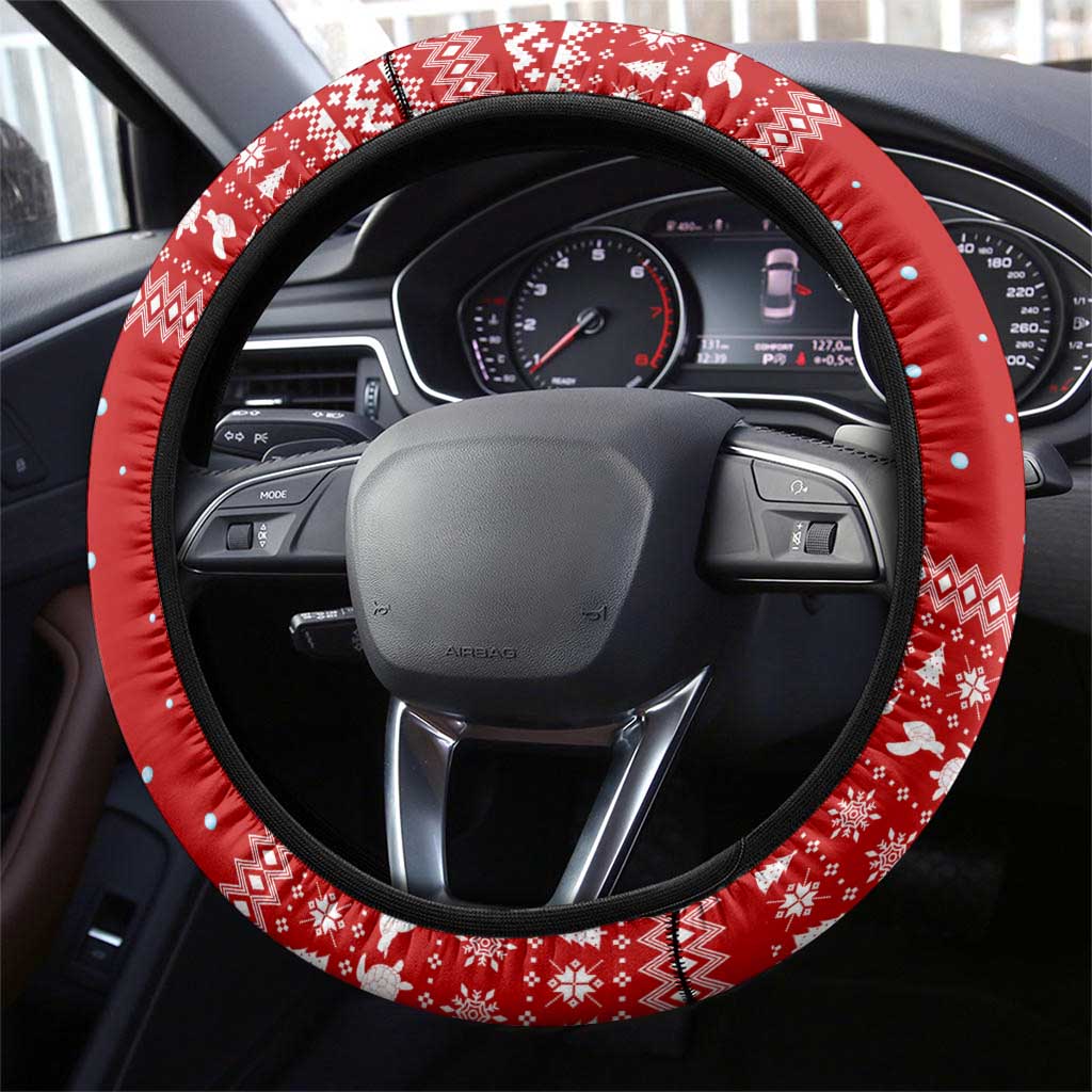 Tonga Christmas Steering Wheel Cover with Sea Turtle Coral Reef Design Snowflake Pattern and National Emblem - Polynesian Pride