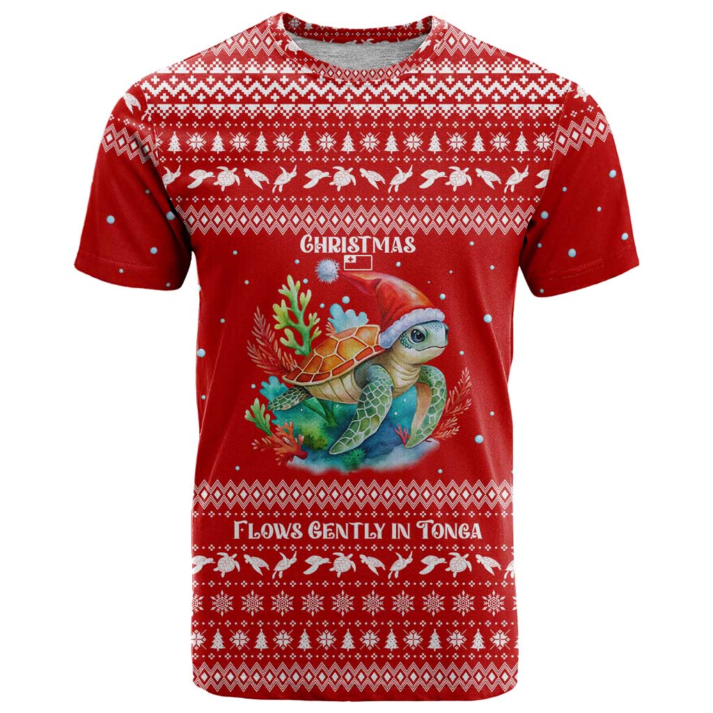 Tonga Christmas T Shirt with Sea Turtle Coral Reef Design Snowflake Pattern and National Emblem - Polynesian Pride