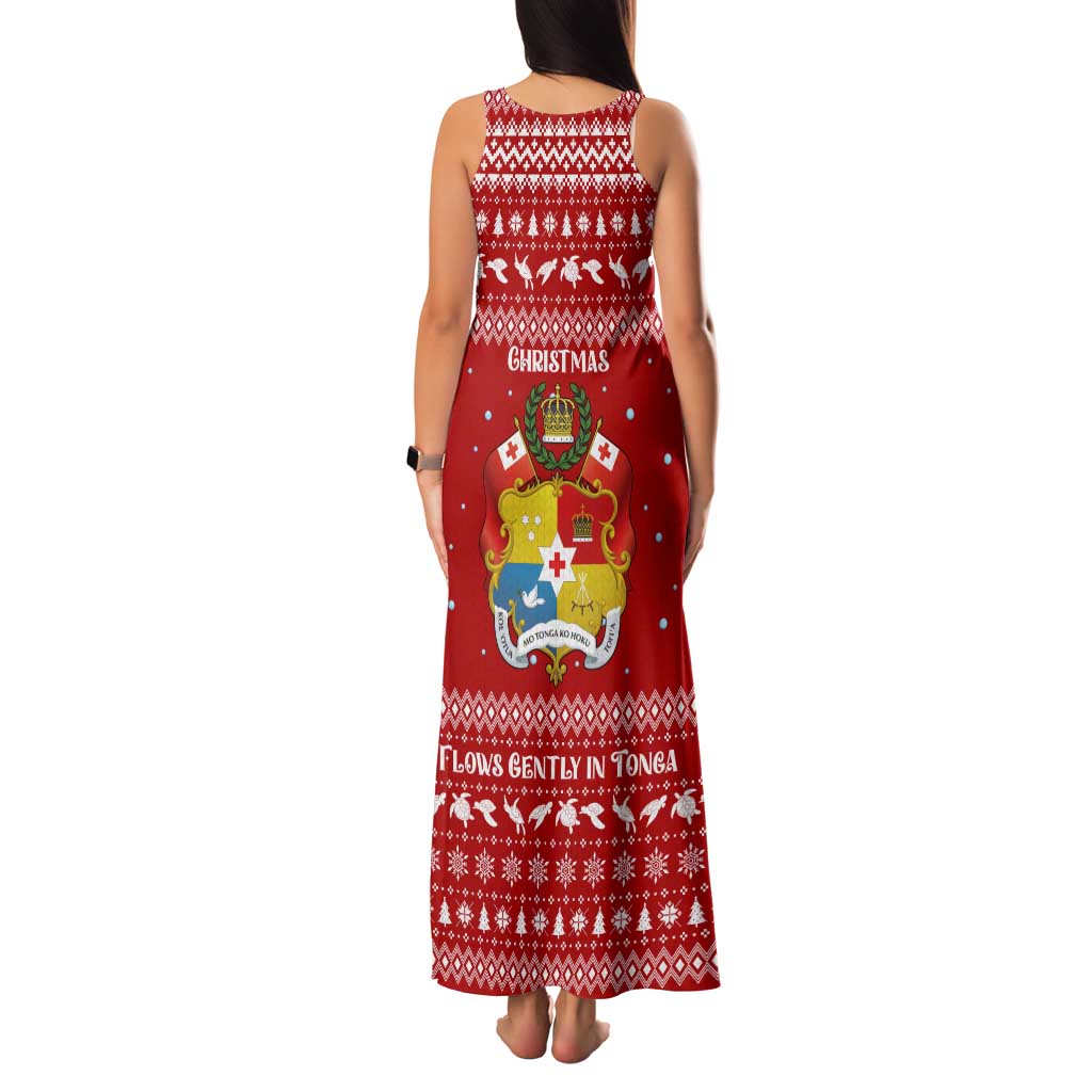 Tonga Christmas Tank Maxi Dress with Sea Turtle Coral Reef Design Snowflake Pattern and National Emblem - Polynesian Pride