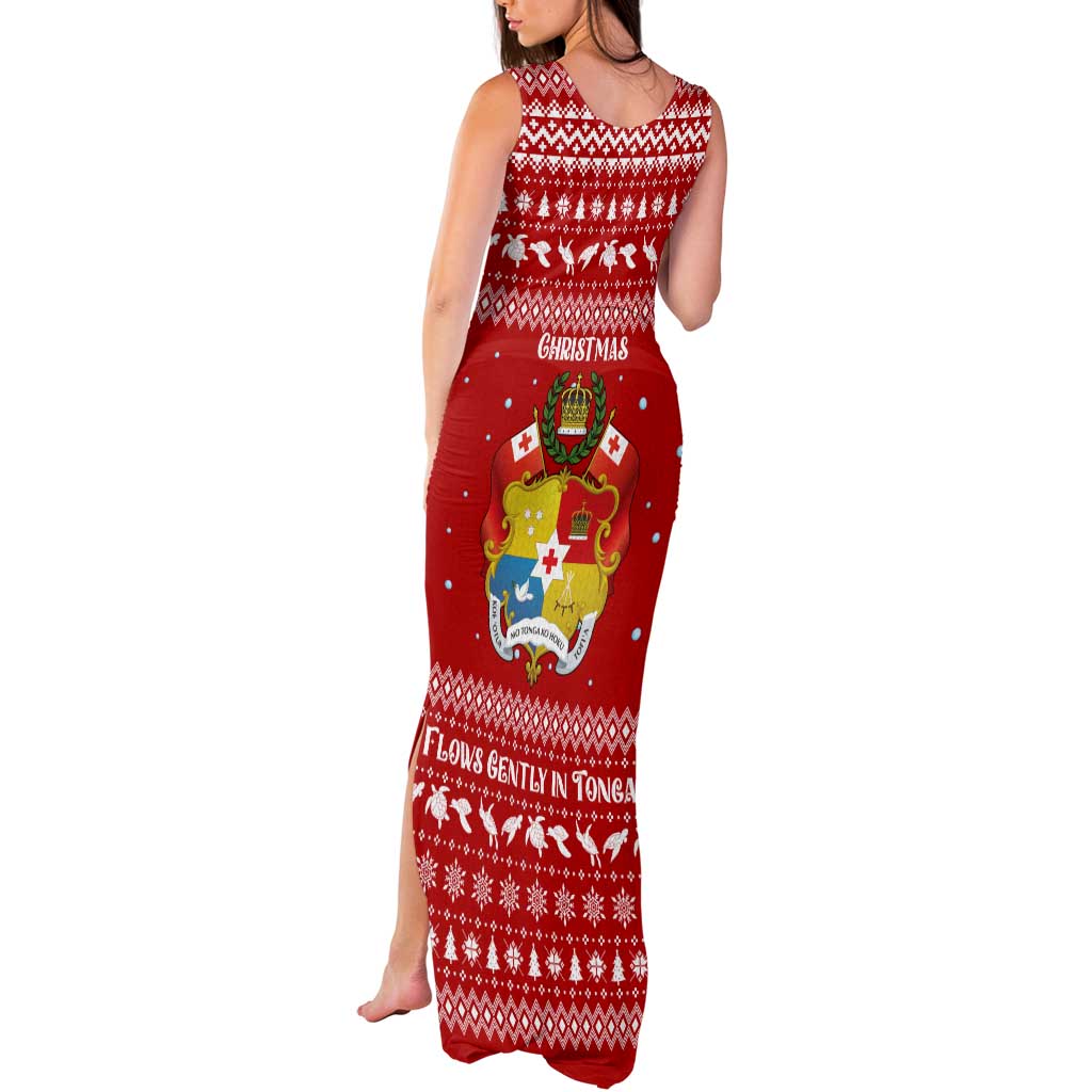 Tonga Christmas Tank Maxi Dress with Sea Turtle Coral Reef Design Snowflake Pattern and National Emblem - Polynesian Pride