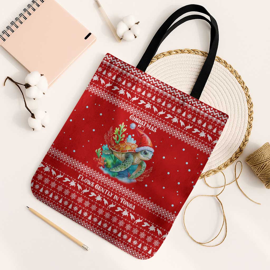 Tonga Christmas Tote Bag with Sea Turtle Coral Reef Design Snowflake Pattern and National Emblem - Polynesian Pride