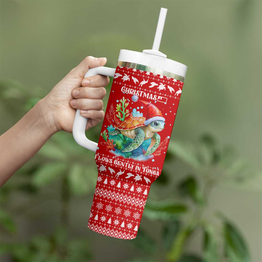 Tonga Christmas Tumbler With Handle with Sea Turtle Coral Reef Design Snowflake Pattern and National Emblem - Polynesian Pride