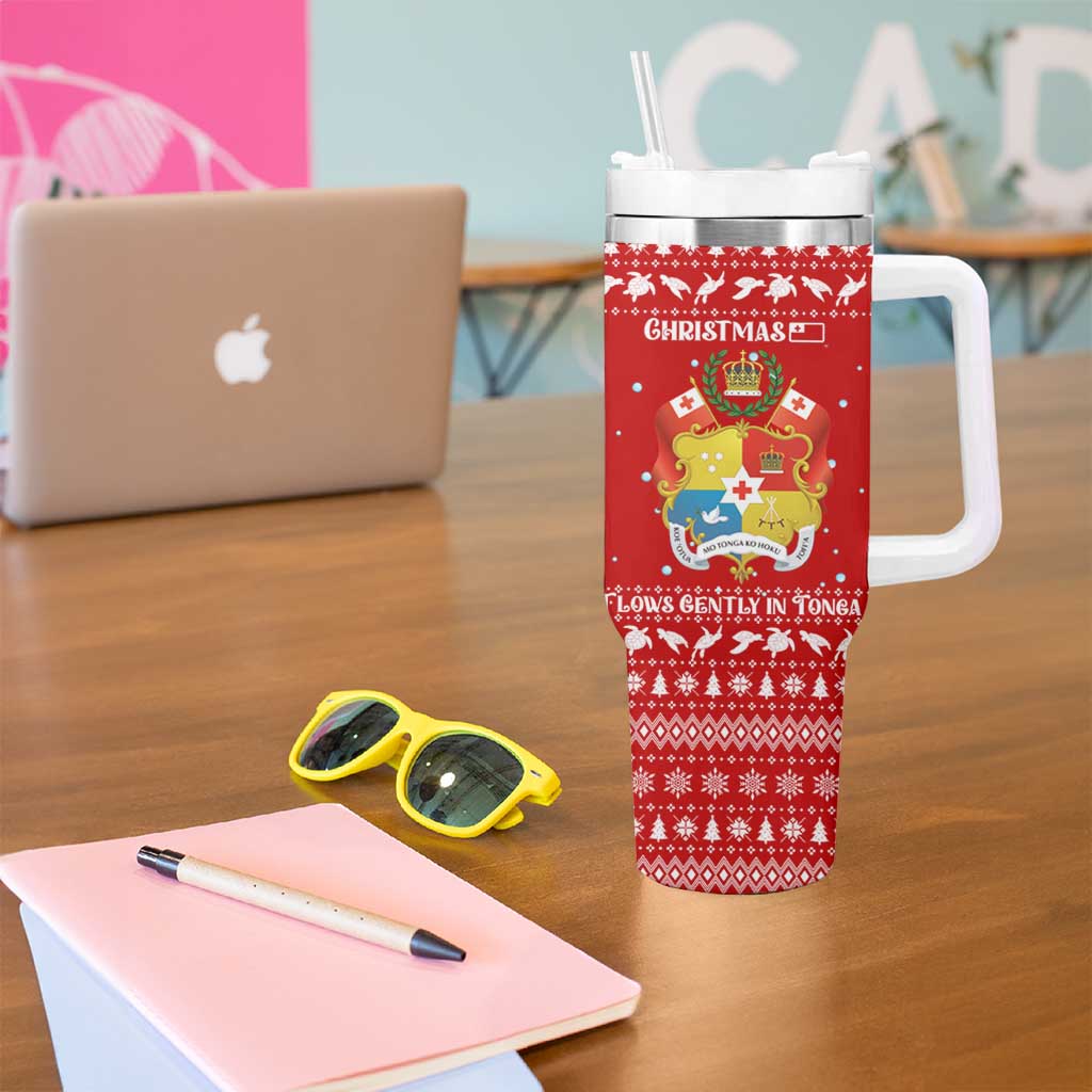 Tonga Christmas Tumbler With Handle with Sea Turtle Coral Reef Design Snowflake Pattern and National Emblem - Polynesian Pride