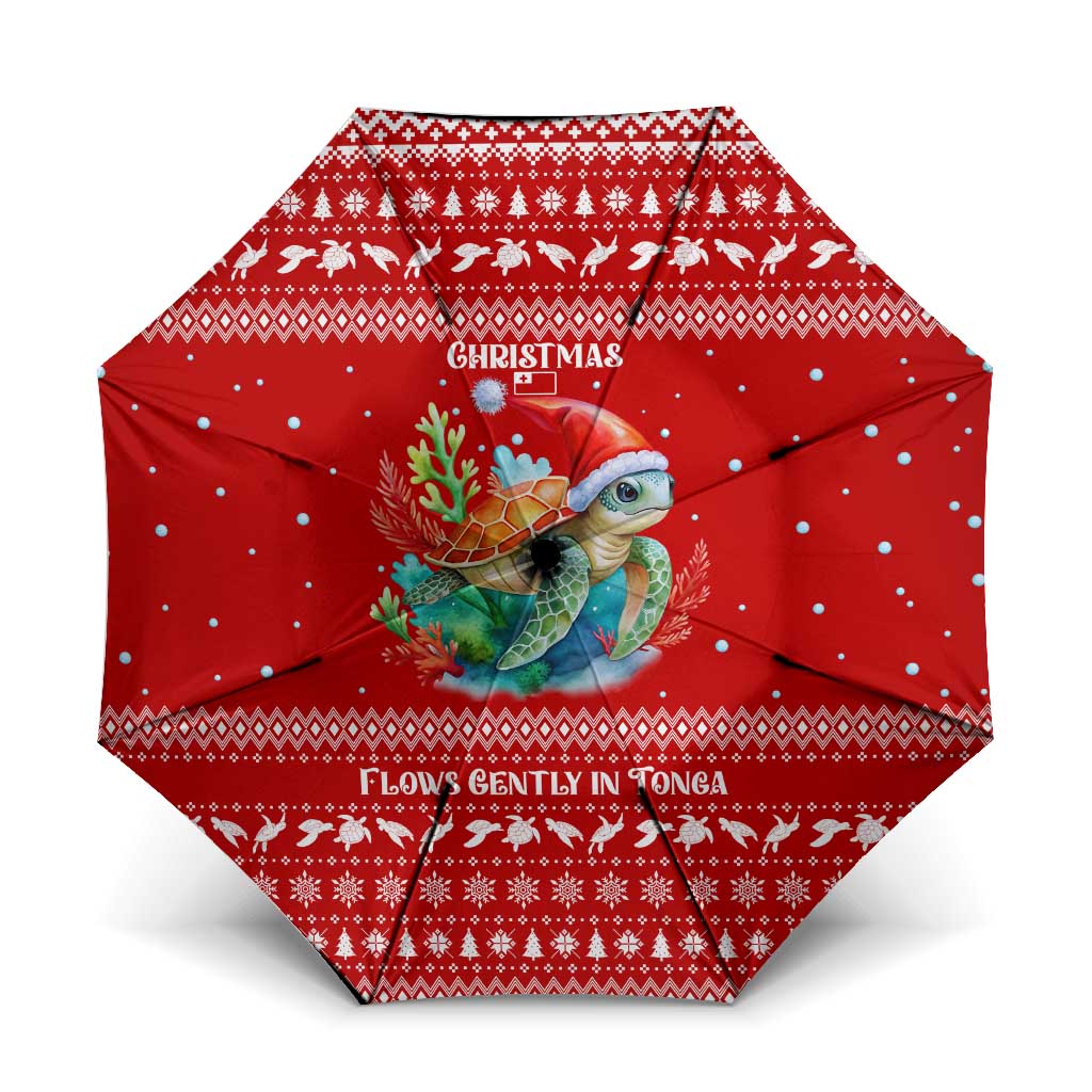 Tonga Christmas Umbrella with Sea Turtle Coral Reef Design Snowflake Pattern and National Emblem - Polynesian Pride