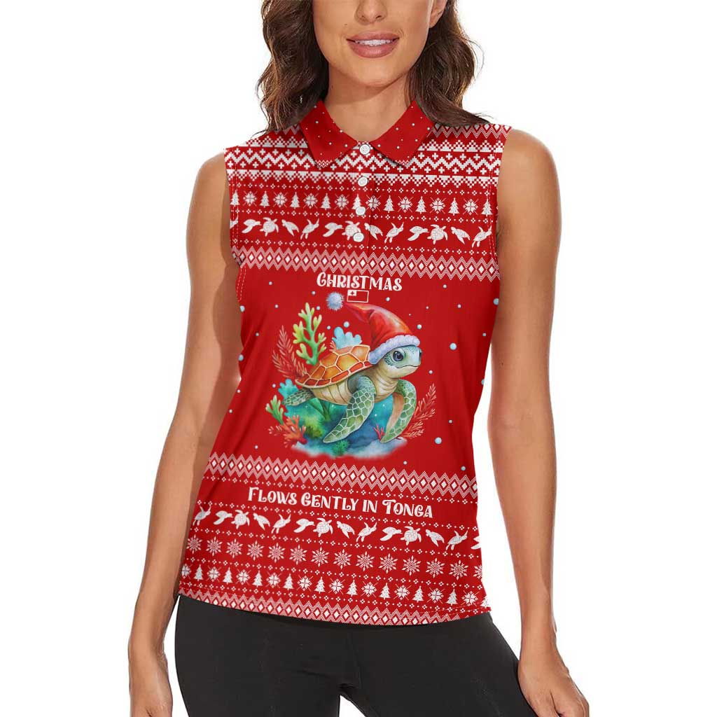 Tonga Christmas Women Sleeveless Polo Shirt with Sea Turtle Coral Reef Design Snowflake Pattern and National Emblem - Polynesian Pride