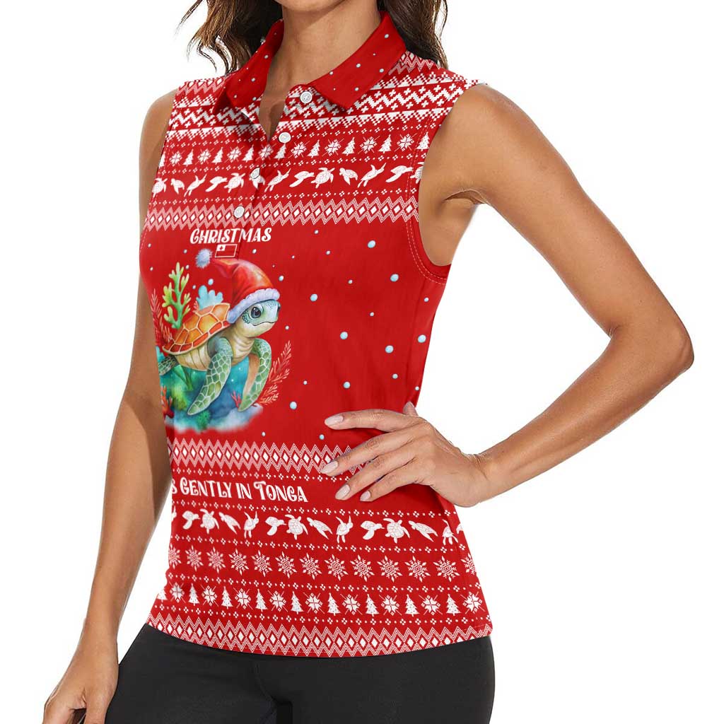 Tonga Christmas Women Sleeveless Polo Shirt with Sea Turtle Coral Reef Design Snowflake Pattern and National Emblem - Polynesian Pride