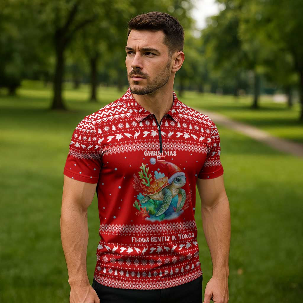 Tonga Christmas Zipper Polo Shirt with Sea Turtle Coral Reef Design Snowflake Pattern and National Emblem - Polynesian Pride