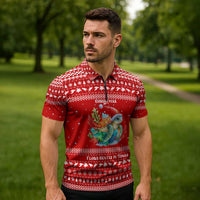 Tonga Christmas Zipper Polo Shirt with Sea Turtle Coral Reef Design Snowflake Pattern and National Emblem - Polynesian Pride