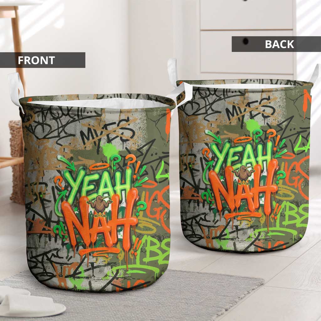 Yeah Nah Graffiti Skull New Zealand Slang Laundry Basket Kiwi Grunge Brick Wall and Bold Urban Street Art