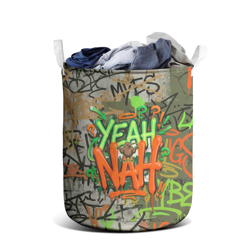 Yeah Nah Graffiti Skull New Zealand Slang Laundry Basket Kiwi Grunge Brick Wall and Bold Urban Street Art