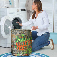 Yeah Nah Graffiti Skull New Zealand Slang Laundry Basket Kiwi Grunge Brick Wall and Bold Urban Street Art
