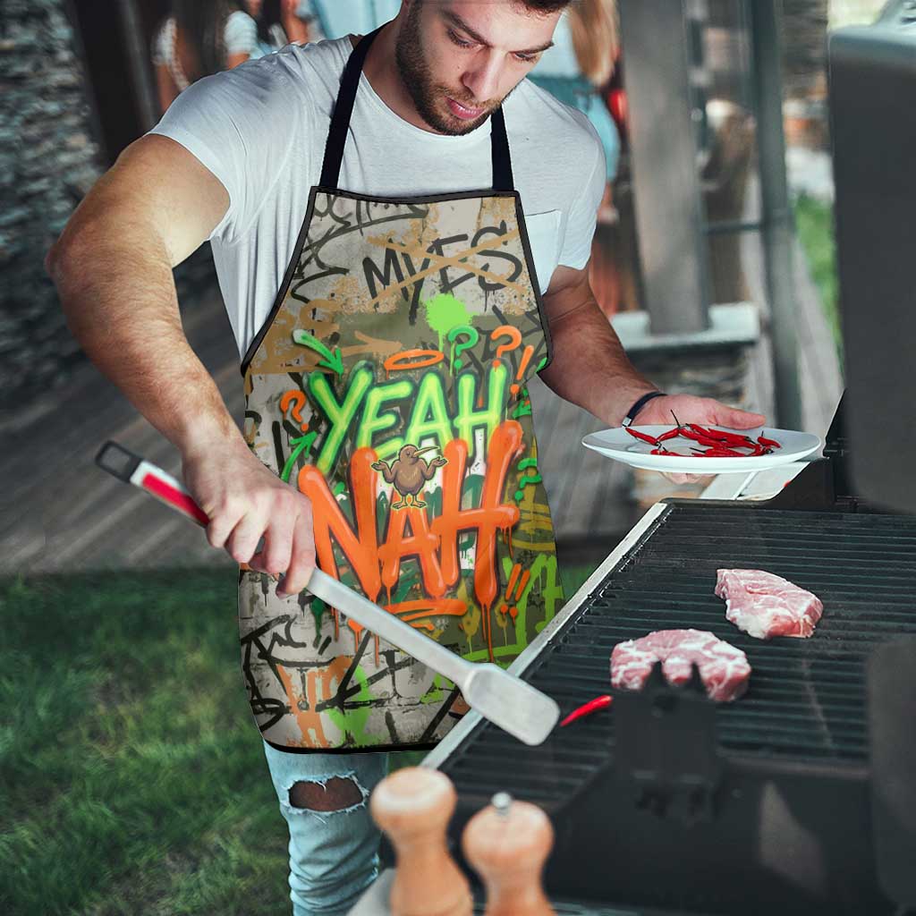Yeah Nah Graffiti Skull New Zealand Slang Apron Kiwi Grunge Brick Wall and Bold Urban Street Art