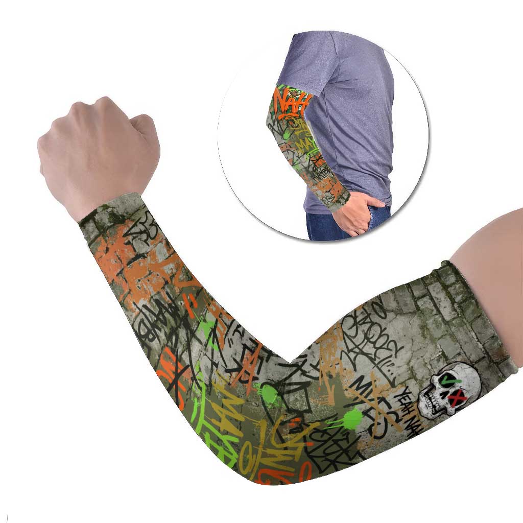 Yeah Nah Graffiti Skull New Zealand Slang Arm Sleeves Kiwi Grunge Brick Wall and Bold Urban Street Art