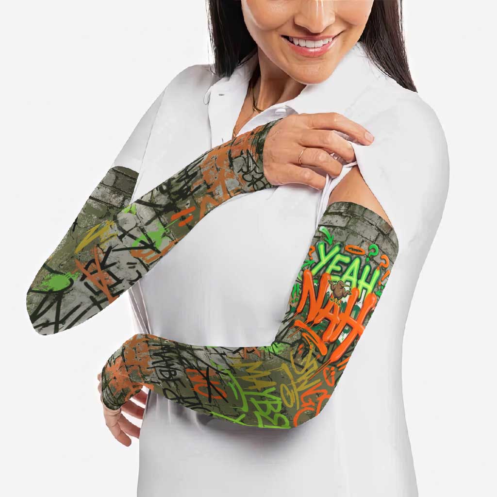 Yeah Nah Graffiti Skull New Zealand Slang Arm Sleeves Kiwi Grunge Brick Wall and Bold Urban Street Art