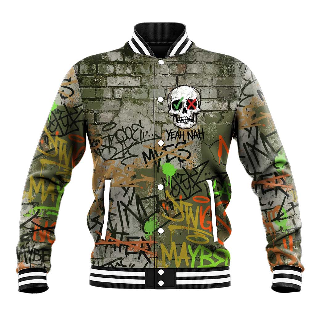 Yeah Nah Graffiti Skull New Zealand Slang Baseball Jacket Kiwi Grunge Brick Wall and Bold Urban Street Art