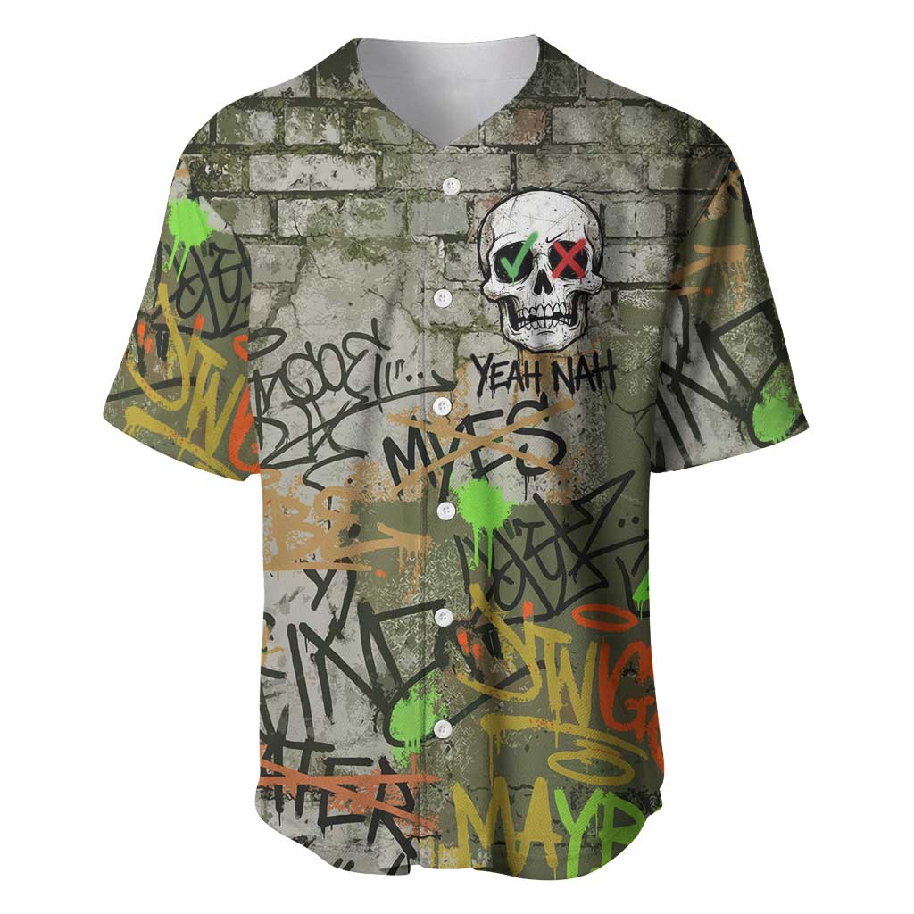 Yeah Nah Graffiti Skull New Zealand Slang Baseball Jersey Kiwi Grunge Brick Wall and Bold Urban Street Art