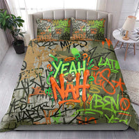 Yeah Nah Graffiti Skull New Zealand Slang Bedding Set Kiwi Grunge Brick Wall and Bold Urban Street Art