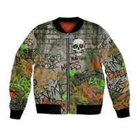 Yeah Nah Graffiti Skull New Zealand Slang Bomber Jacket Kiwi Grunge Brick Wall and Bold Urban Street Art