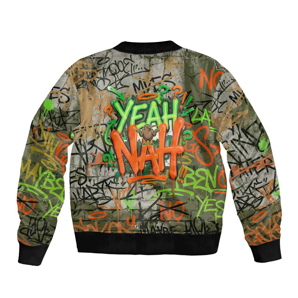 Yeah Nah Graffiti Skull New Zealand Slang Bomber Jacket Kiwi Grunge Brick Wall and Bold Urban Street Art