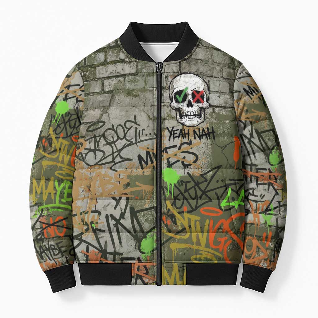 Yeah Nah Graffiti Skull New Zealand Slang Bomber Puffer Jacket Kiwi Grunge Brick Wall and Bold Urban Street Art