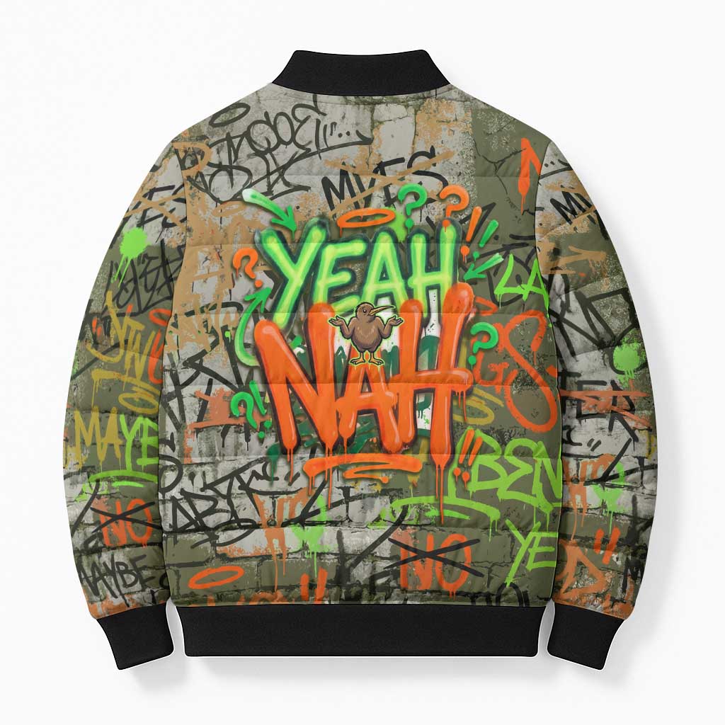 Yeah Nah Graffiti Skull New Zealand Slang Bomber Puffer Jacket Kiwi Grunge Brick Wall and Bold Urban Street Art