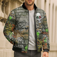 Yeah Nah Graffiti Skull New Zealand Slang Bomber Puffer Jacket Kiwi Grunge Brick Wall and Bold Urban Street Art