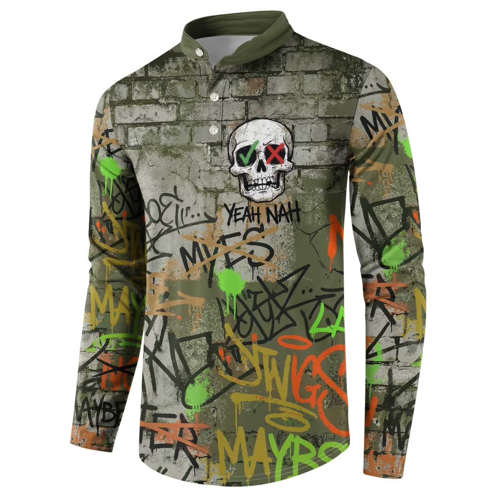 Yeah Nah Graffiti Skull New Zealand Slang Button Sweatshirt Kiwi Grunge Brick Wall and Bold Urban Street Art