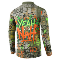 Yeah Nah Graffiti Skull New Zealand Slang Button Sweatshirt Kiwi Grunge Brick Wall and Bold Urban Street Art