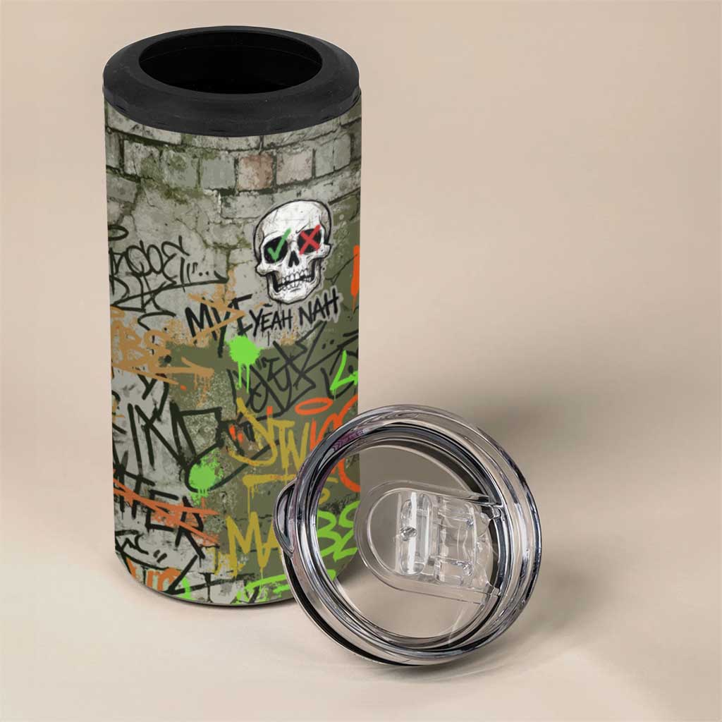 Yeah Nah Graffiti Skull New Zealand Slang 4 in 1 Can Cooler Tumbler Kiwi Grunge Brick Wall and Bold Urban Street Art