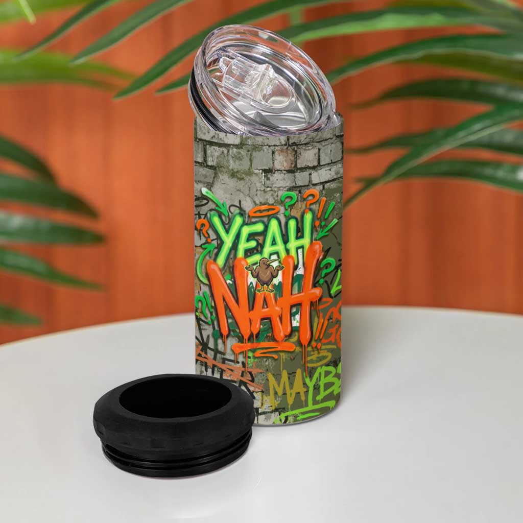 Yeah Nah Graffiti Skull New Zealand Slang 4 in 1 Can Cooler Tumbler Kiwi Grunge Brick Wall and Bold Urban Street Art