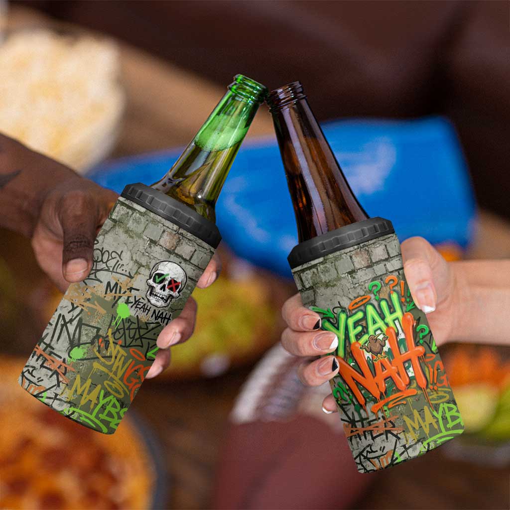 Yeah Nah Graffiti Skull New Zealand Slang 4 in 1 Can Cooler Tumbler Kiwi Grunge Brick Wall and Bold Urban Street Art